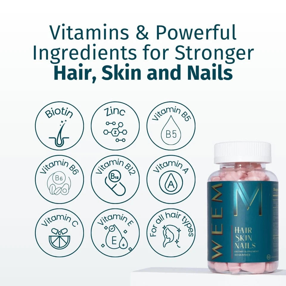 Hair Skin Nails Gummies Biotin Vitamins Vegan Extra Strength Pack WEEM Supports