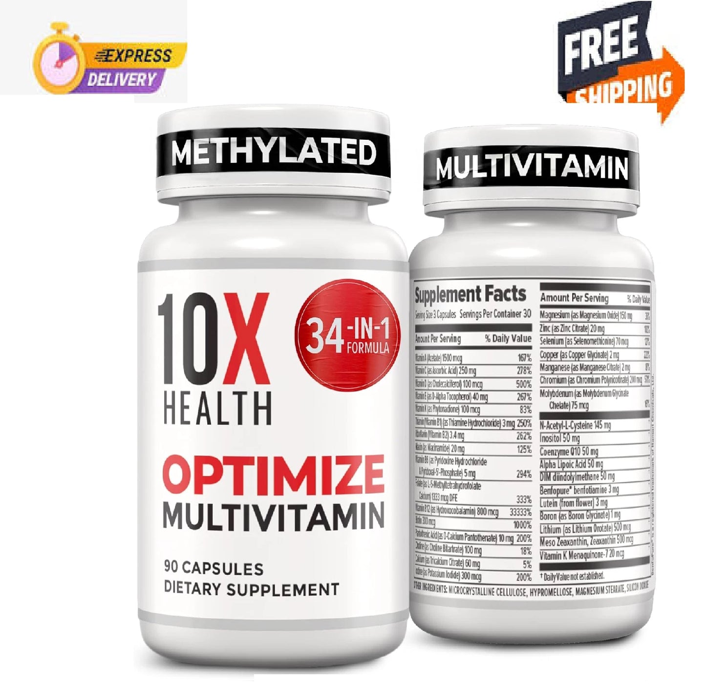 10X Health Optimize Methylated Multivitamin for Men - 90 Capsules, 34 in 1 Formu