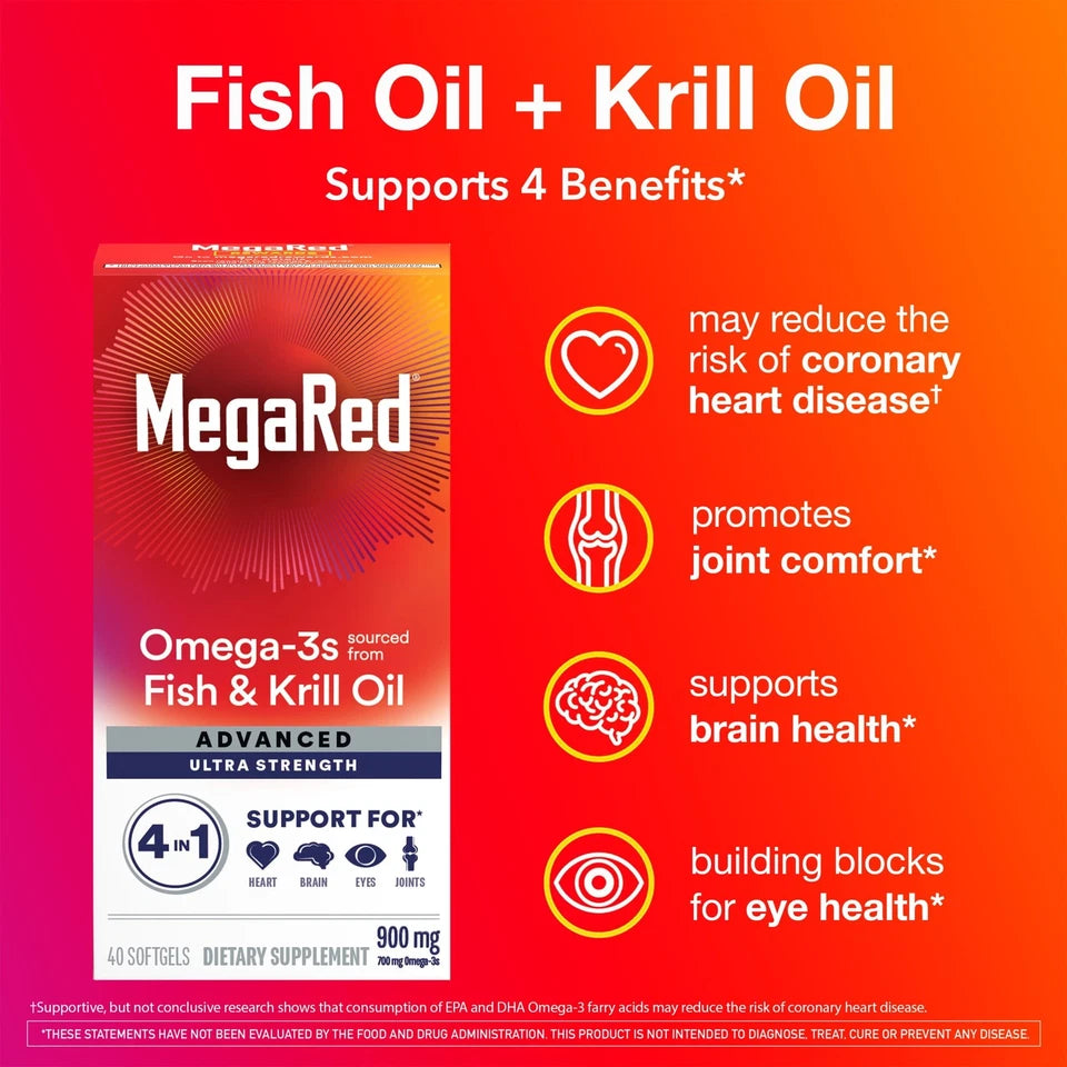 MegaRed Advanced Ultra Strength Omega-3s Fish & Krill Oil Softgels, 900mg, 40 Ct