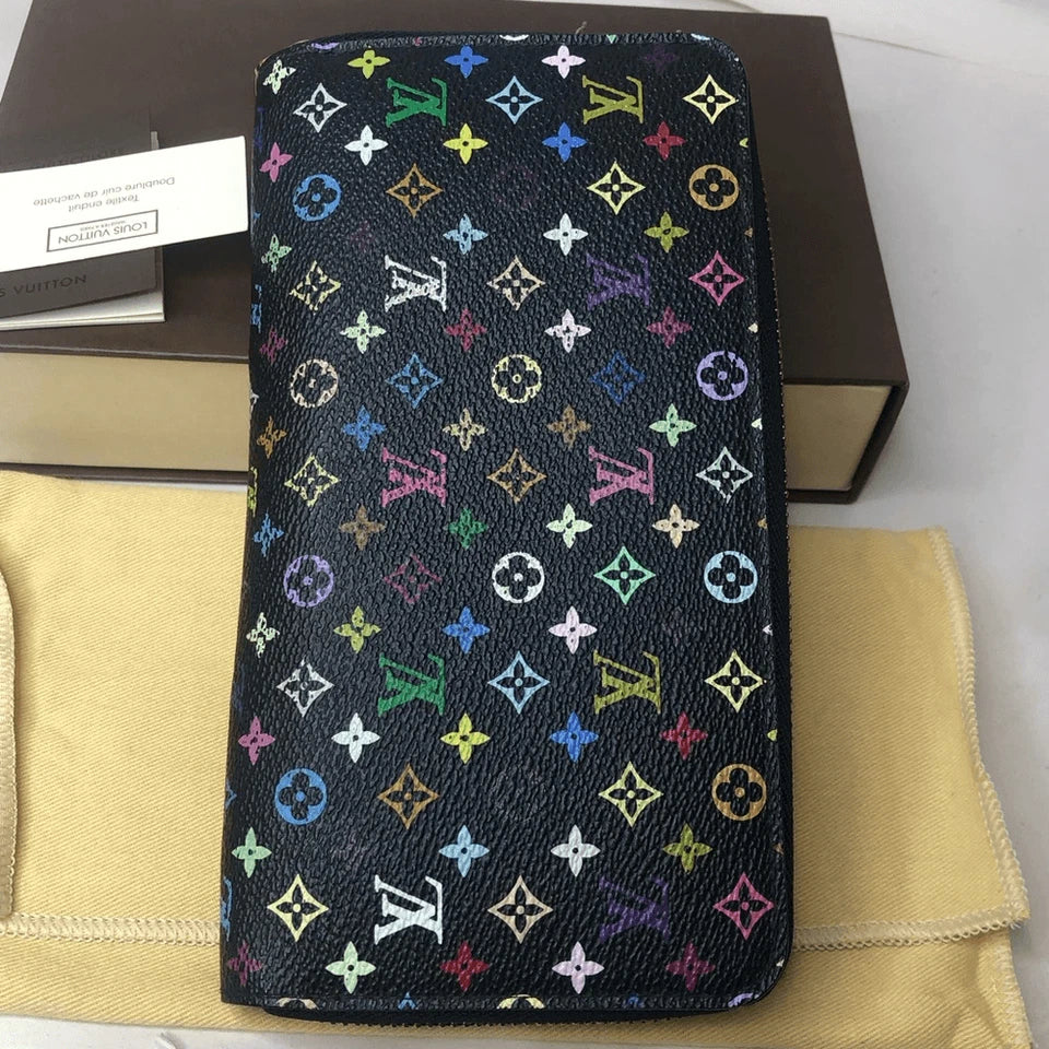 LOUIS VUITTON X Murakami Black MultiColor Full Zip Wallet Pink Interior Passport
