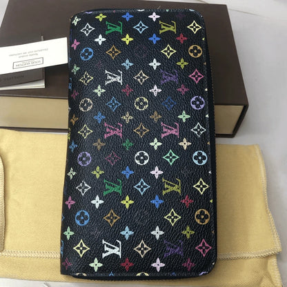 LOUIS VUITTON X Murakami Black MultiColor Full Zip Wallet Pink Interior Passport